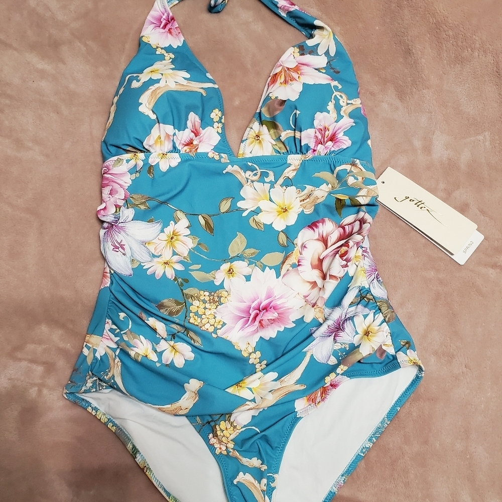 Gottex light blue turquoise halter spring floral swimsuit size 12 nwt